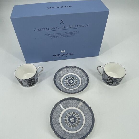 Wedgwood Celebration of the Millennium Bone China Pair Cups/Saucers Original Box - Picture 4 of 12